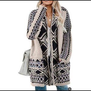 NWT Lucky Brand Tribal Aztec Tan Navy Open Longline Cardigan Sz S/P Sweater